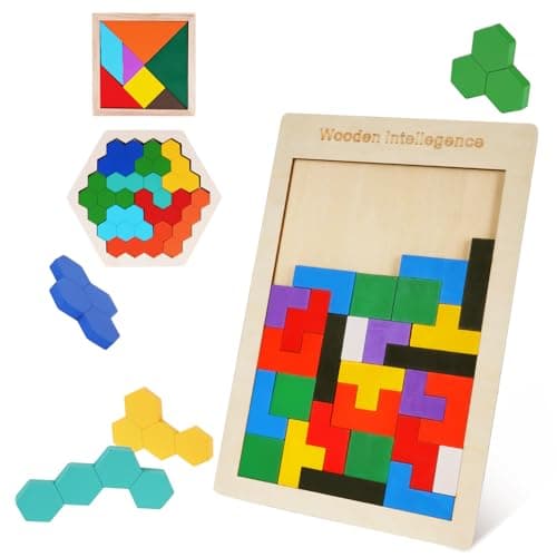 Image of Ainiv 3 in 1 Wooden Intelligence Puzzles Set, Wooden Tangram Puzzles for Kids, Brain Teasers Educational Toys, Jigsaw Box Brain Game Building Block Educational Gift for Boys & Girls