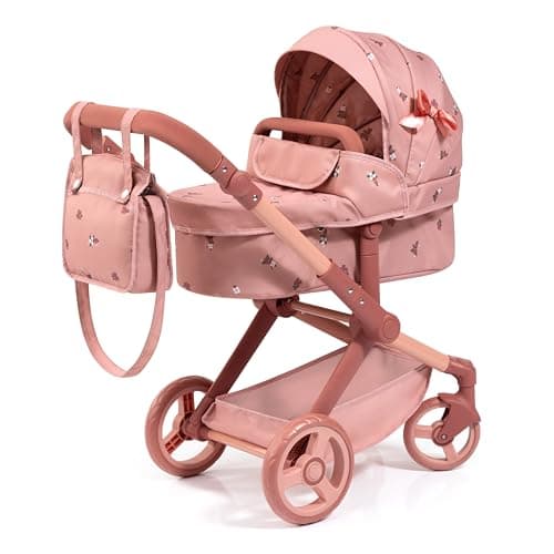 Image of Bayer Baby Dolls Pram XEO - Convertible Doll Pushchair, Carrycot & Changing Bag - Stroller with Adjustable Handle Height for Girls, Tall Dolls Pram for 6+, 3-5 Year Olds - Floral Pink