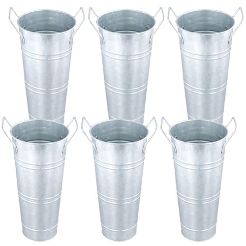 Image of SINJEUN 6 PCS Galvanized Flower Buckets, 11 x 23cm Silver Metal Vases with Handle, Table Vases Floral Buckets for Home Wedding Table Centerpiece Flower Decoration and Display