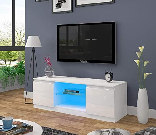 Image of Panana LED TV Unit Stand Cabinet for 55 Inch TV, Modern High Gloss Front TV Cabinet with RGB LED Lights, 2 Door Storage Sideboard for Living Room (White)