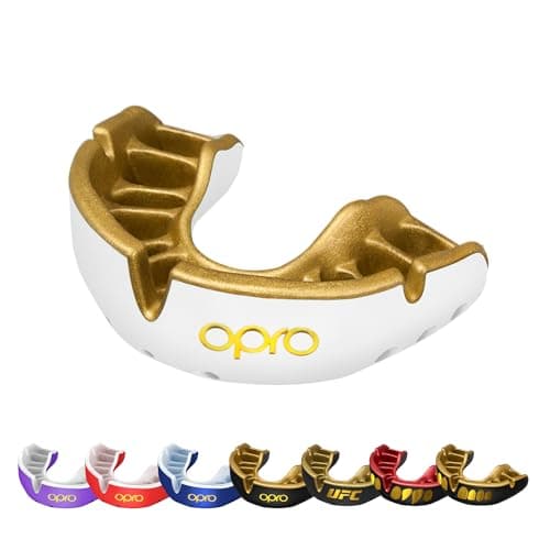 Image of OPRO Gold Level Mouthguard Premium Fit – Gum Shield Adult and Kids – OPRO Mouth Guard Boxing and MMA, Easy Self-Fit Gum Shield Rugby and Hockey – Premium Protection with Dental Warranty (White/Gold)