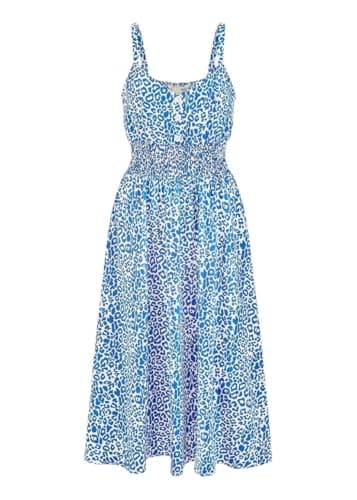 Image of Yumi Blue Animal Print Midi Sundress, Ruched Waist, Sleeveless, 103cm Length (UK, Numeric, 14, Regular, Regular, Blue)