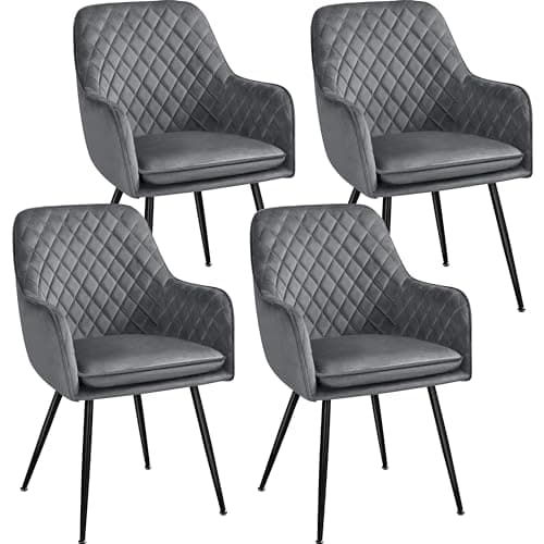 Image of Yaheetech Dining Chairs Set of 4 Velvet Upholstered Armchair Stylish Accent Kitchen Chairs with Metal Legs Padded Seat for Dining Room, Living Room, Kitchen, Lounge, Grey