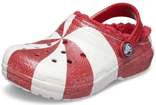 Image of Crocs Unisex-Adult Classic Lined Holiday Charm Clog, White/Red, 4 Big Kid