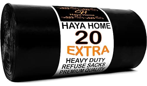 Image of Haya Home 20 EXTRA LARGE Heavy Duty Bin Bags 100L Black Plastic Bin Liners 45 μm Refuse Sacks Thick Strong Heavy Duty Waste Dustbin Bags for Kitchen Home Office DIY Garden Use 100% Recycled Material