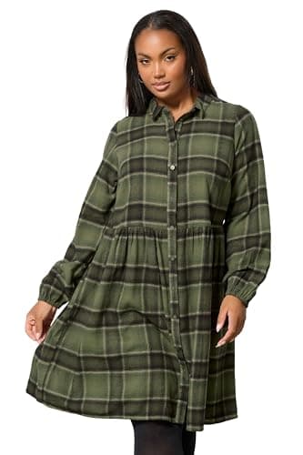 Image of Yours Curve Green Check Shirt Dress - Women's - Plus Size Curve