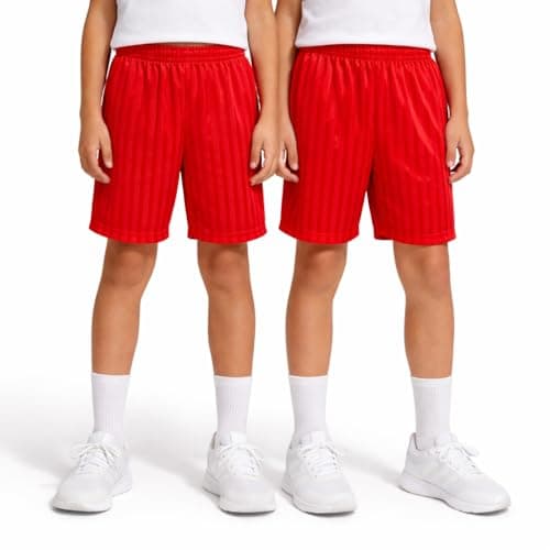 Image of KHIM Pack of 2 Shadow Stripe School PE Sports Football Games Shorts Boys Girls Kids Childern (UK, Age, 9 Years, 10 Years, Regular, Red)