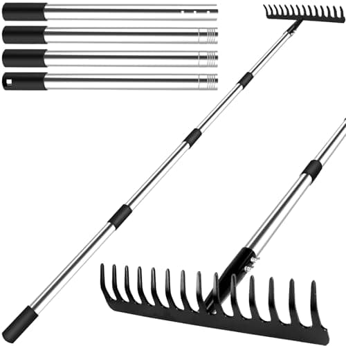 Image of Rake for Gardening with Telescopic Handle 1.53 M , Garden Rakes for Soil and Leaves, Garden Rake Heavy Duty Carbon Steel 14 Teeth for Raking, Weed Removal and Working the Soil