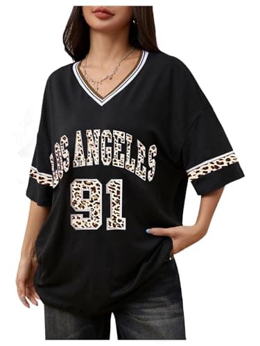 Image of GORGLITTER Women's Letter Graphic V Neck Oversized T Shirt Striped Trim Drop Shoulder Loose Fit Y2K T Shirt Tops Leopard Black XS