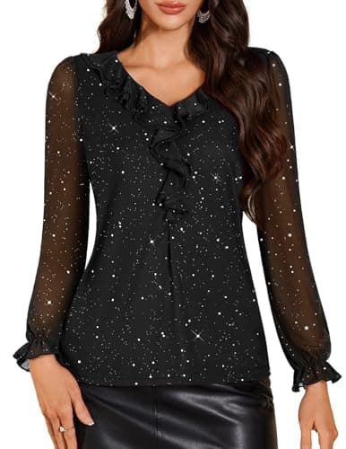 Image of DRESSTELLS Black Sparkly Sequin Tops for Women, Long Sleeve V Neck Ruffle Blouses Double Layers Tunic for Casual Formal Evening Party Black M