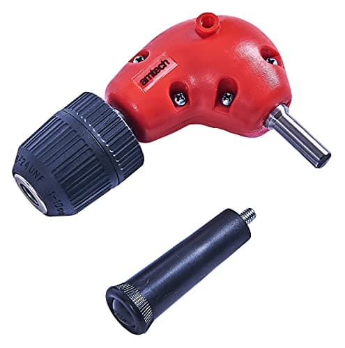 Image of Amtech - Right Angle Drill Attachment, 3/8" keyless Chuck, 1:1 Metal Gearing, Two-Position Side Handle, Access Tight Spaces, fits Standard Drills