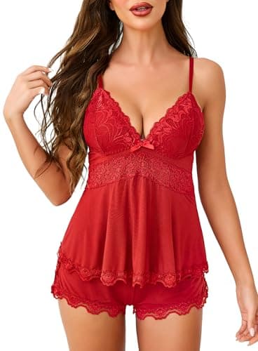 Image of Lovasy Womens Pyjamas Sexy Pjs for Women Sets Sweetness Cami Ladies Pyjamas Lace Camisole Summer Short Pajamas Lounge Sets Nightwear,Red,S