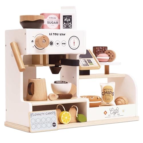 Image of Le Toy Van Wooden Barista Café Shop – FSC® Certified Tabletop Coffee Machine Playset – 17-Piece Pretend Play Café with Milk Frother, Chalkboard Till & Cake Display – Imaginative Role Play Toy