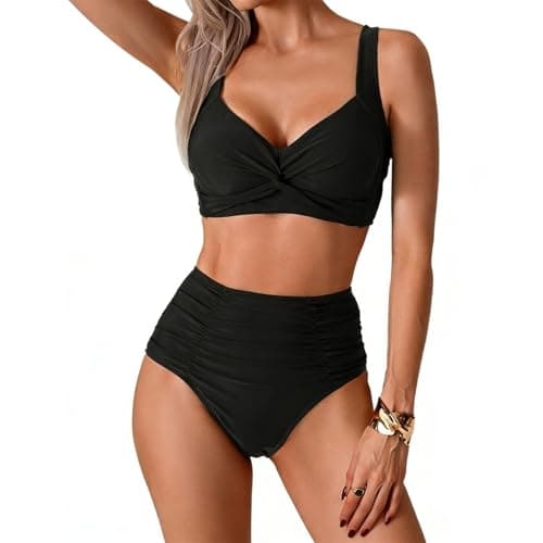 Image of Women's High Waisted Bikini Set for Women UK, 2 Piece Tummy Control Swimwear Top Bottoms, Swimming Costume with Interchangeable Breast Pads (UK, Alpha, S, Regular, Regular, Black)