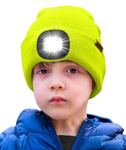 Image of ATNKE Kids LED Lighted Beanie Hat,USB Rechargeable 4 LED Running Headlamp Ultra Bright Cap with Light Hands Free Head Torch Winter Warm Knit Beany Great Gifts for Boys and Girls/Fluorescent Yellow