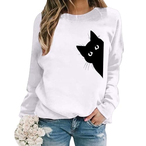 Image of Generisch 2025 Casual Long Sleeve Crew Neck Sweatshirt for Women with Cute Cat Print, Soft Comfortable Pullover Top for Everyday Women, White, L