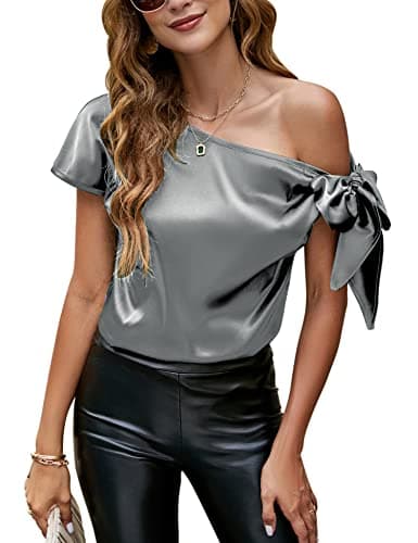 Image of VIDUSSA Womens Off Shoulder Silk Satin Tops Short Sleeve Casual Dressy Tunic Blouse Shirts Grey L