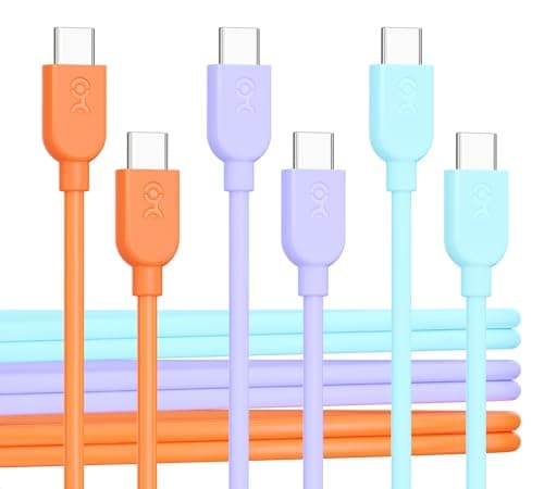 Image of Cable Matters 3-Pack Multi-Color Flexible USB C Charging Cable with 60W Power Delivery 1.8m (USB C to USB C Cable) in Orange, Blue, and Purple, Compatible with iPhone 15, Samsung Galaxy S23