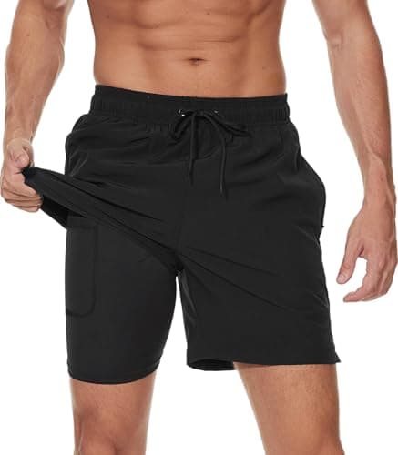 Image of Kfnire Mens Swimming Shorts with Compression Liner Men's Swim Shorts Trunks Quick Dry 2 in 1 Board Shorts with Zipper Pockets, S-XXL Black