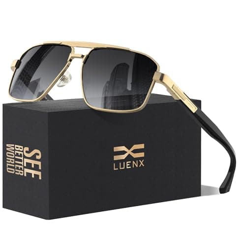 Image of LUENX Sunglasses for Men Square Polarized Polygon Shades Driving UV 400 Protection 60mm-Gradient Grey Lens Gold Metal Frame Glossy Temple