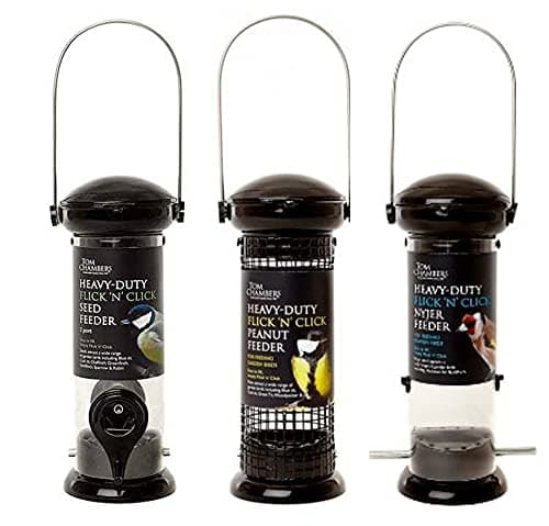 Image of Tom Chambers Heavy Duty Flick 'n' Click Seed (2 Port), Peanut & Nyjer Feeders (3 Feeders)