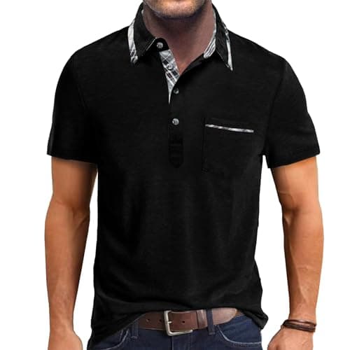 Image of Comilaka Men's Short Sleeve Casual Polo Shirts Classic Button Contrasting Colors T- Shirts with Pocket Stylish Tops Black