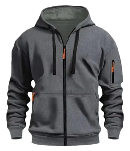 Image of MakingDa Men's Zipped Hoodie Pullover Pockets Long Sleeve Zip-Up Cuffed Shirts Hoody Fleece Solid Regular Fit Casual Hooded Sweatshirt Tops Dark Grey XL