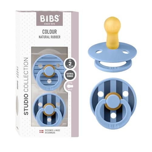 Image of BIBS Colour Studio Soother 2-Pack, BPA Free Dummy Pacifier, Round Nipple. Natural Rubber Latex, Made in Denmark, Size 2 (6-18 Months), Pin Sky Blue