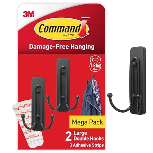 Image of Command Decorative Hook, Matte Black Double Hook, Indoor use - 2 Metal Medium Hooks and 3 Adhesive Strips - Hang Jackets, Purses, Handbags, Backpacks, Hats, Scarves, Dog Leads - Organise Damage Free
