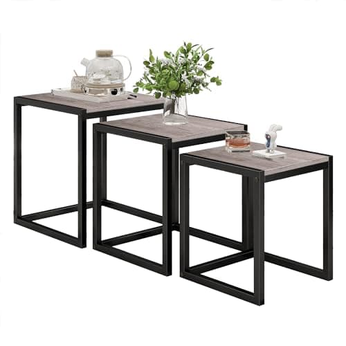 Image of Diahomy Nesting Coffee Table, Set of 3 End Tables, Metal Frame Square Corner End Desk for Living Room Bedroom Office Industrial Style, Gray