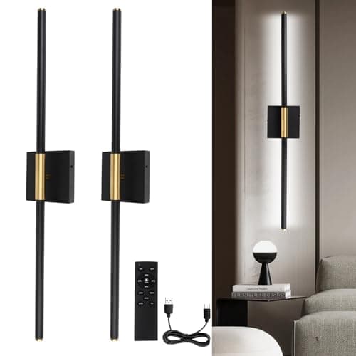 Image of Afaiup Battery Operated LED Wall Lights, USB Rechargeable Dimmable wall lights with Remote Control, Black Gold LED Rechargeable Sconces,70CM Wireless Wall light for Bedroom Living Room Hallway, 2 Pack