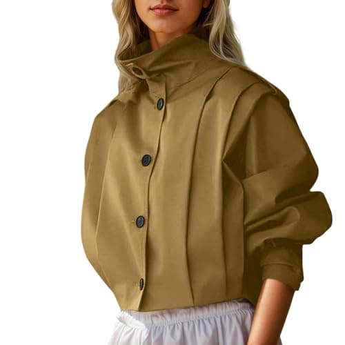 Image of Women's Short Jacket, Lapel Collar, Sports Jacket, Long Sleeve, Vintage, Solid Colour, Pleated Chic And Elegant Casual Coat With Buttons Loose Fit Temperament Versatile Autumn Jackets, Green, L