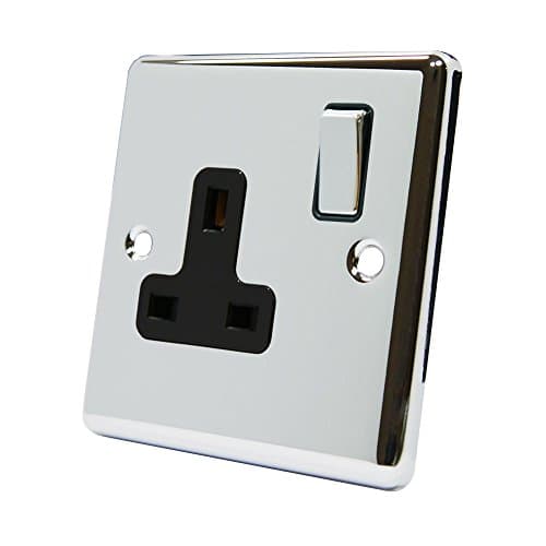 Image of AET CPC1GSOCBC 13 A 1-Gang Polished Chrome Classical Single Plug Socket with Black Insert Metal Rocker Switch