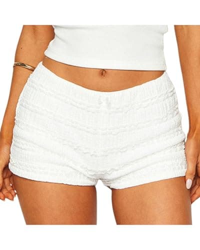 Image of Kfsghdnz Women Summer Y2K Lace Tiered Shorts Low Waist Bow Front Ruffle Hot Pants Casual Smocked Bodycon Mini Shorts (White A, M)