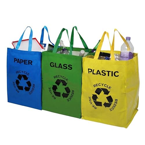 Image of Premier Housewares Recycling Bags/Recycling Bin/Plastic Glass Paper Recycling Bags with Handles/Multicoloured - Set of 3