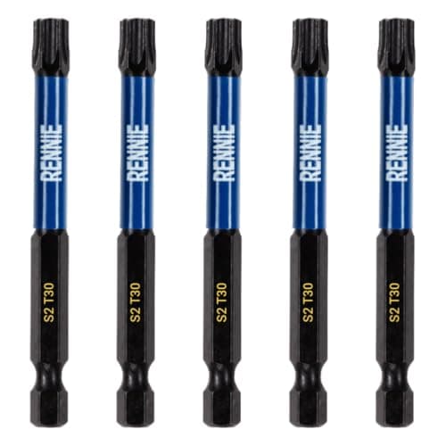 Image of 5 x Rennie Tools 75mm Long T30 TX30 Impact Screwdriver Driver Bits Set. Heavy Duty Magnetic Torx Screwdriver Bit Set. Black Oxide Coated Torx Impact Driver Bits. Torx Bit Set.