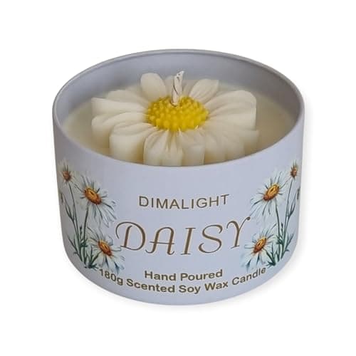 Image of Dimalight Daisy Scented Soy Wax Candle in a Tin, Hand Poured, Decorative, 100% Natural Soy Wax, Hand Made, Gift for Birthday, Get Well, Thank You Gift (8oz tin (180g))