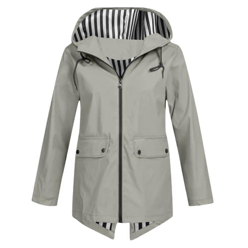 Image of lightweight waterproof jacket womens Waterproof Jacket for Women Lightweight Windbreak Hooded Rain Coat UK Casual Long Sleeve Water-resistant Raincoat Ladies Autumn Outdoor Hiking Wear Outfits Gray S