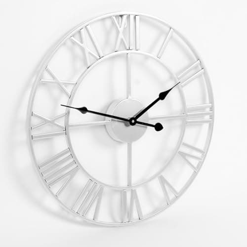 Image of OHS Silver Clocks for Living Room, Metal Vintage Kitchen Clock Office Bedroom Hallway Decorative Skeleton Clock with Roman Numerals Easy to Install Battery Operated, 40cm
