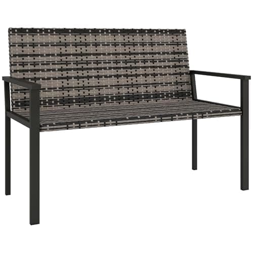 Image of Outsunny 2 Seater Rattan Garden Bench, Outdoor Bench with Quick-Drying Cotton Padding, Wicker Garden Loveseat with Armrests, Steel Frame for Patio, Park, Mixed Grey