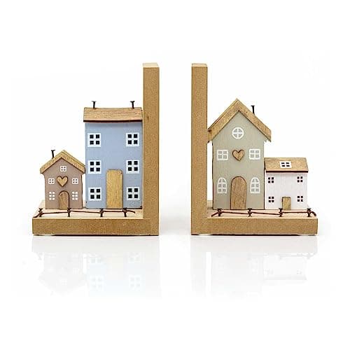 Image of Wooden House Bookends | Pair Of Shabby Chic Townhouse Bookends | Set Of 2 Wooden Book Ends For Shelves
