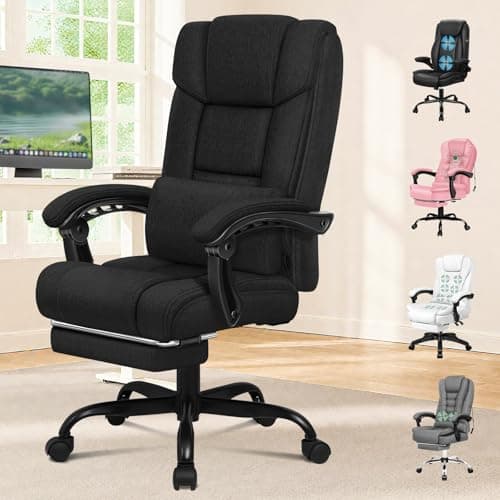 Image of ELFORDSON Office Chair with Lumbar Cushion, Ergonomic Gaming Chairs with Footrest, High Back Heavy-duty Chair, 150° Backrest Recliner, Adjustable Height, Swivel, Linen, Black