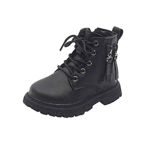 Image of Flodxo Winter Ankle Boots for Girls Kids School Shoes-Lace Up,Casual,Waterproof,Pu Leather,Comfy Walking Boots,Childrens Winter Autumn Footwear,Black,Size 9