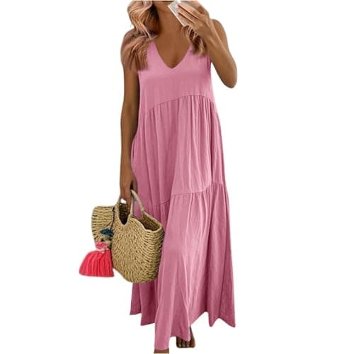 Image of Summer Dresses for Women UK Bohemian Smocked Tiered Long Beach Sun Dresses Sleeveless Solid Maxi Dress Ladies Floral Swing Dress with Spaghetti Straps Plus Size Pink M