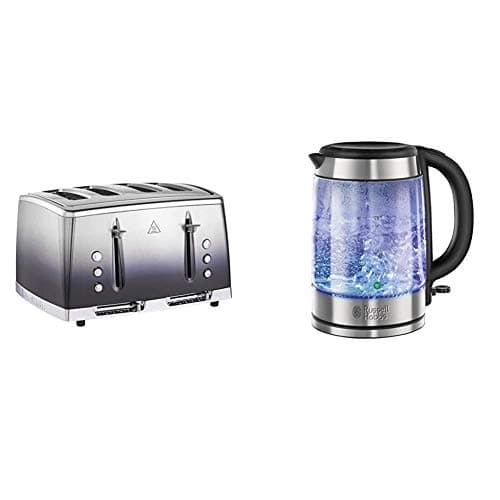 Image of Russell Hobbs 25141 Midnight Blue Eclipse Polished Stainless Steel Ombre Four Slice Toaster & Hobbs 21600-10 Illuminating Glass Kettle, Black, 1.7 Litre, 3000 Watt