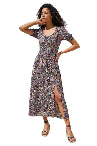 Image of Roman Floral Print Dress for Women UK Ladies Sweetheart Neck Ruched Midi Maxi Long Length Short Sleeve Flattering Casual Summer Spring Party Evening Going Out - Ditsy Floral Black - Size 12