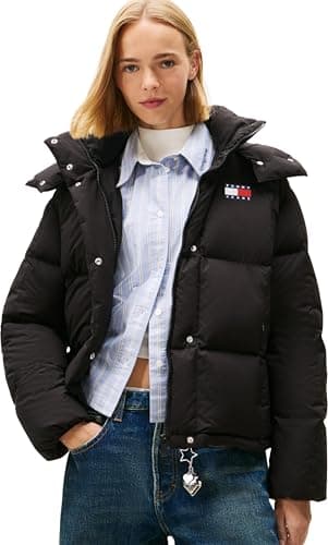 Image of Tommy Jeans Women's Alaska Grid Down Puffer Jacket with Hood, Black (Black), L