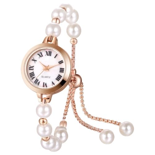 Image of Oidea Pearl Bracelet Watch for Women: Fashion Elegant Faux Pearl Round Dial Analog Quartz Wrist Watch Rose Gold Case Roman Numerals Casual Dress Ladies Watches Adjustable Wristwatch