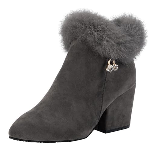 Image of YHTRFDMSG Women's Suede Chunky Heeled Fluffy Fur Warm Ankle Boots, Women's Fashion Comfortable Chunky Heel Ankle Boots Pointed Toe Dressy Booties (3,Grey)