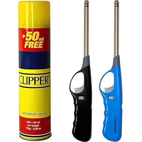 Image of OBD 2 x Candle Lighters Refillable Long Reach Adjustable Flame Safety Lock Windproof Design with Clipper 300ml Gas Refill for Kitchen BBQ Candles Camping and Outdoor Cooking (Assorted Colours)